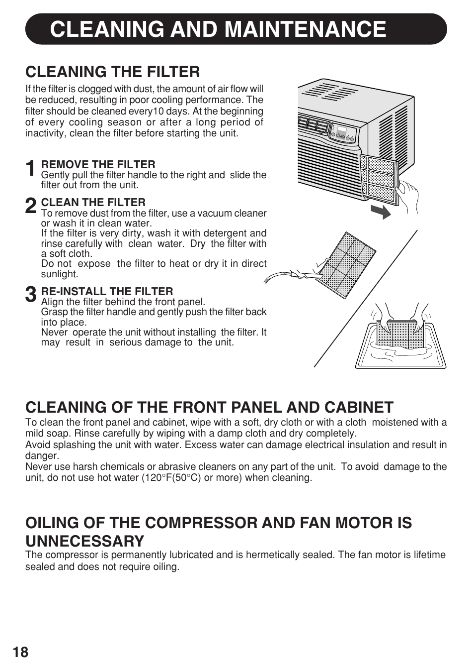 Energy efficiency tips cleaning and maintenance, Cleaning the filter, Cleaning of the front panel and cabinet | Remove the filter, Clean the filter, Re-install the filter | Sharp AF-R100CX User Manual | Page 18 / 20
