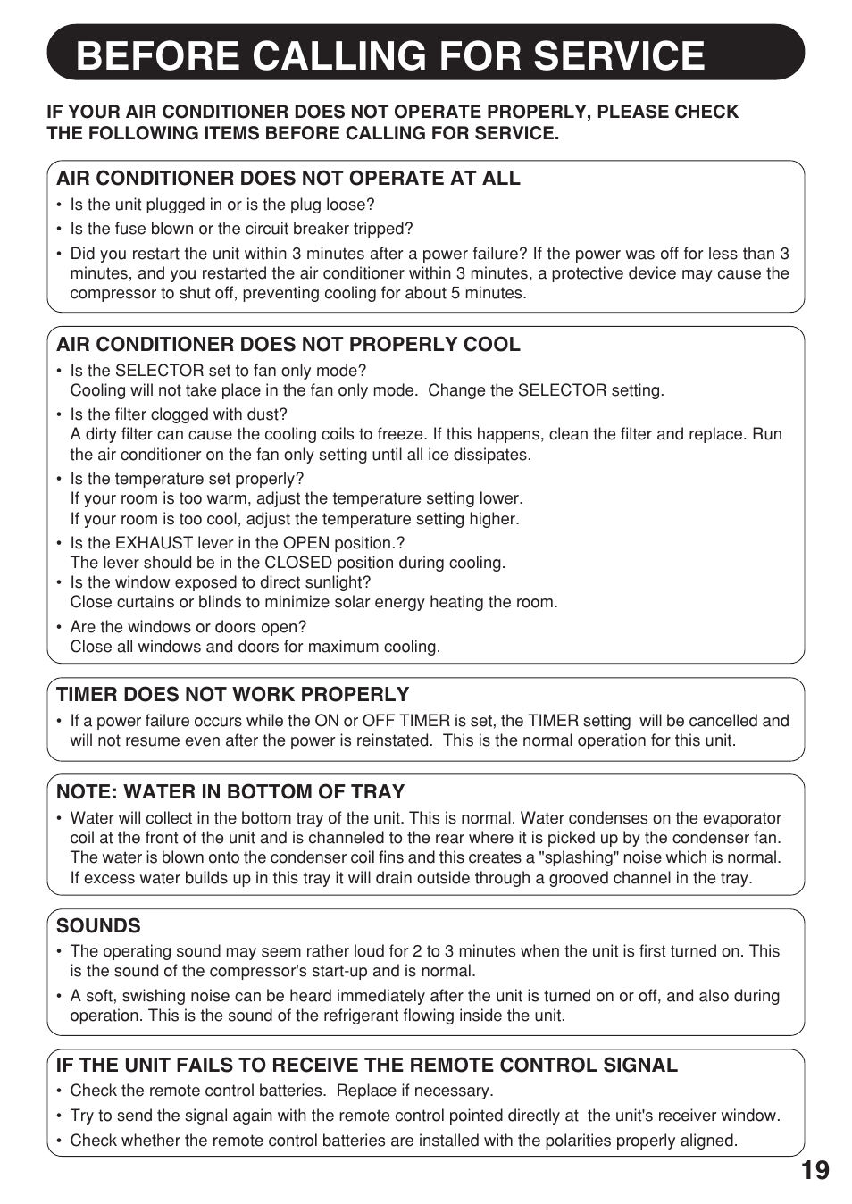 Before calling for servlce | Sharp AF-R100CX User Manual | Page 19 / 20