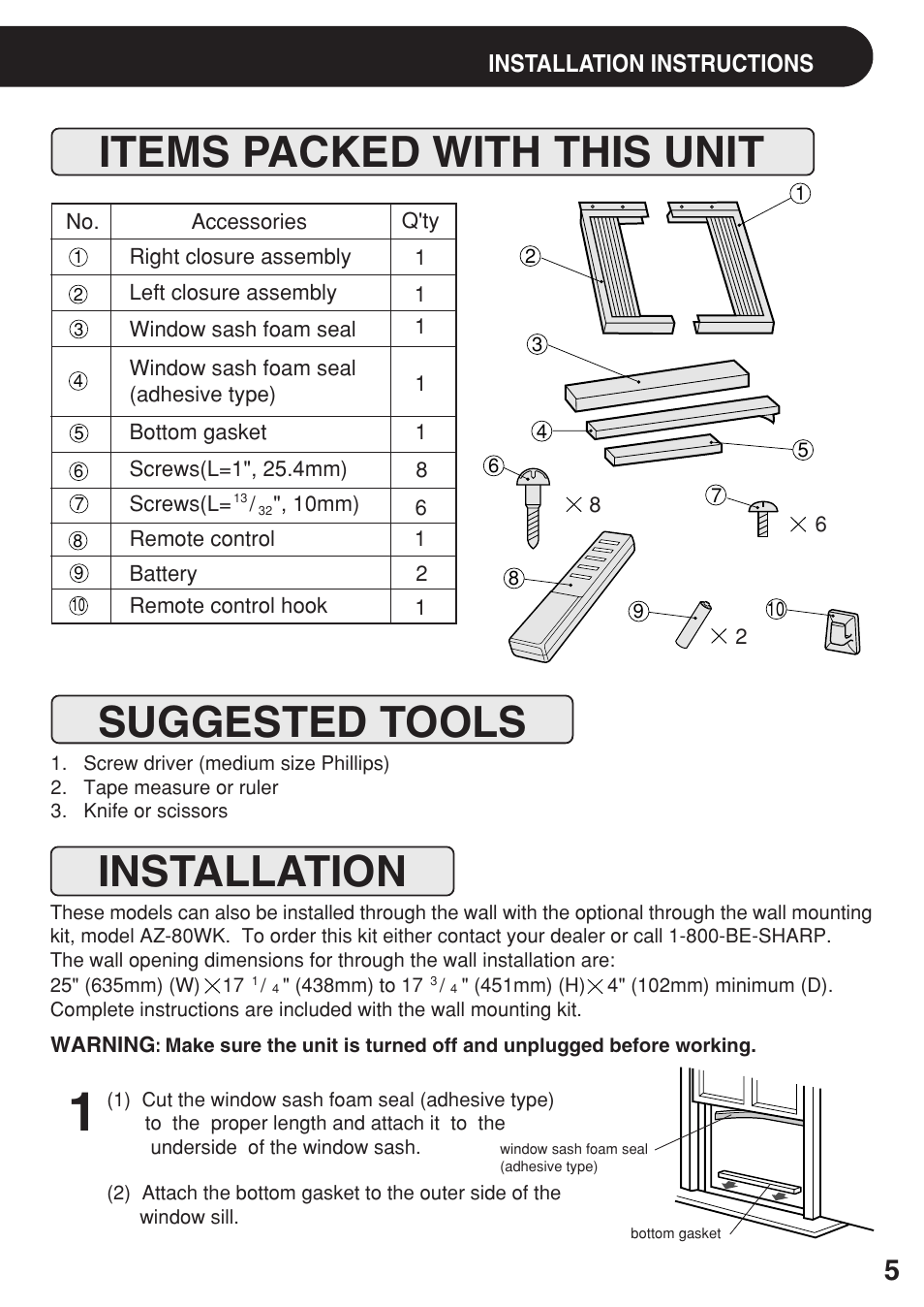 Items packed with this unit, Suggested tools, Installation | Sharp AF-R100CX User Manual | Page 5 / 20