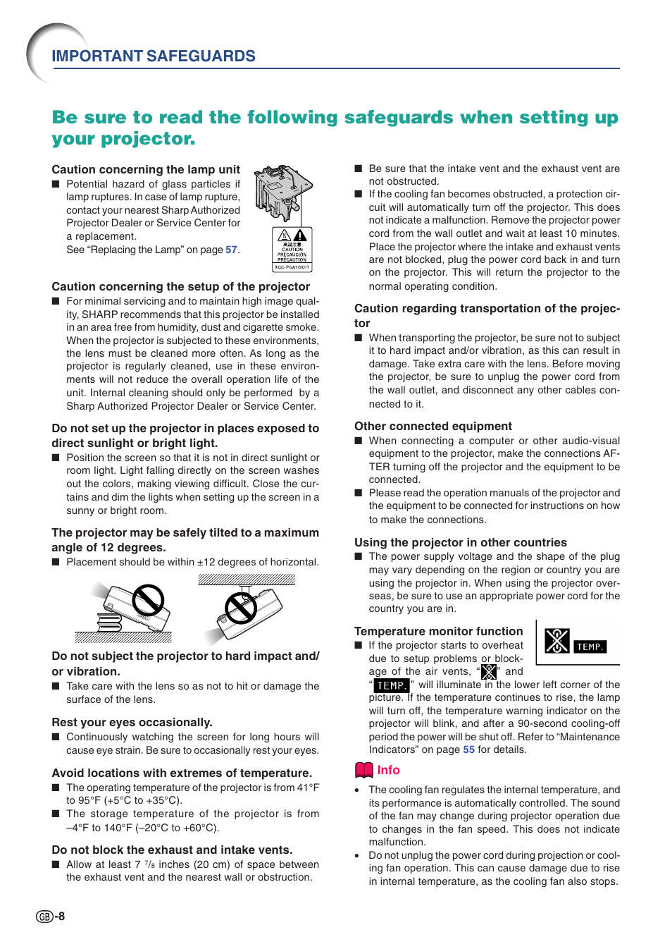 Important safeguards | Sharp PG-A10X User Manual | Page 12 / 74