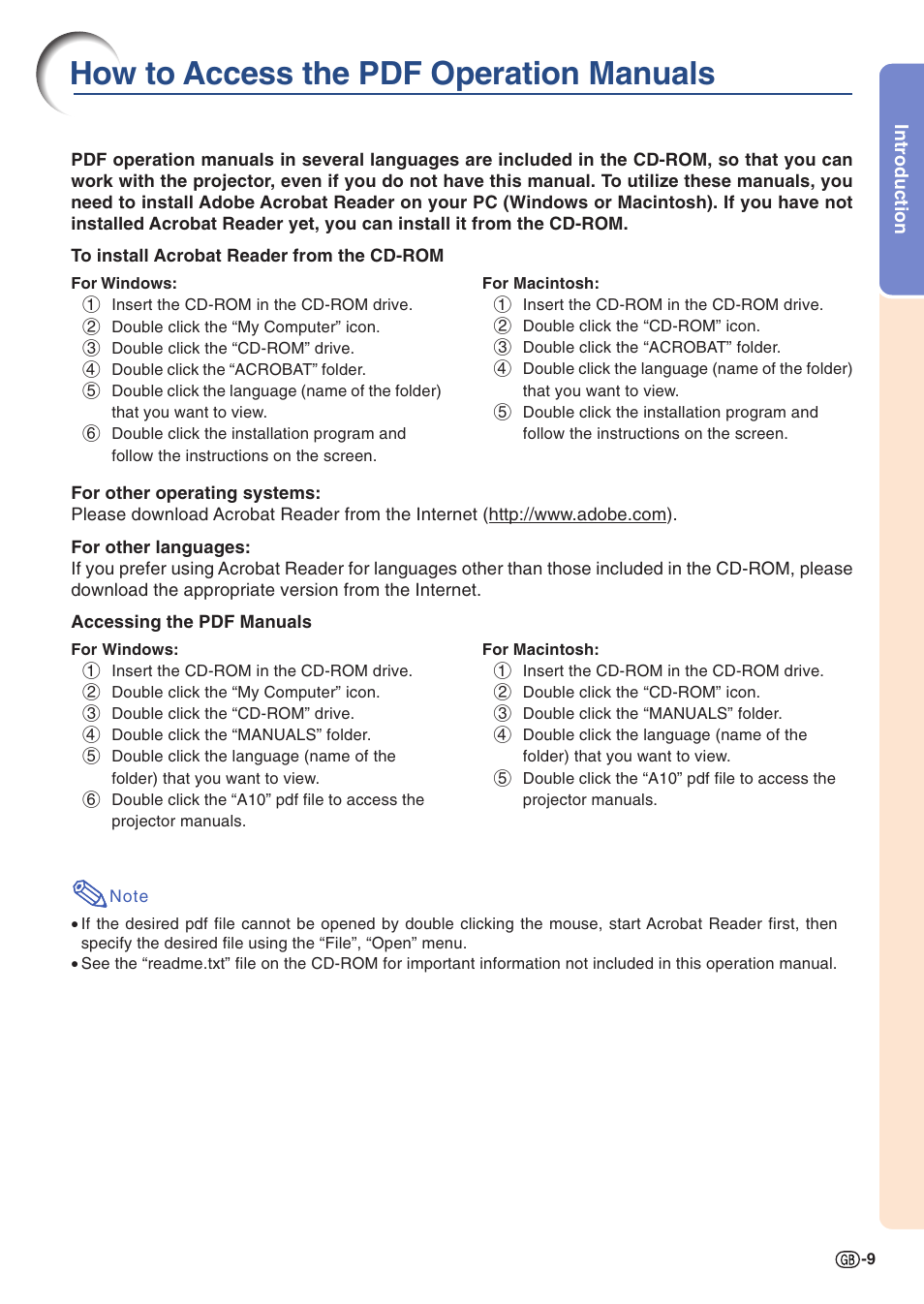 How to access the pdf operation manuals | Sharp PG-A10X User Manual | Page 13 / 74