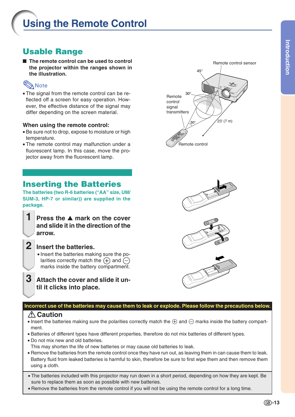 Using the remote control, Usable range, Inserting the batteries | Usable range inserting the batteries, Caution | Sharp PG-A10X User Manual | Page 17 / 74