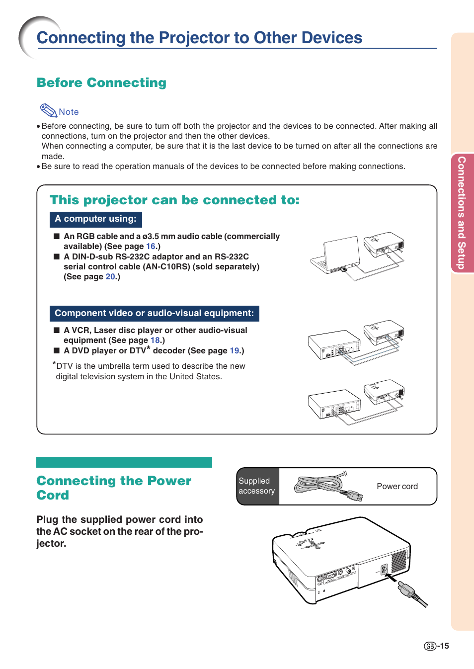 Connections and setup, Connecting the projector to other devices, Before connecting | This projector can be connected to, Connecting the power cord | Sharp PG-A10X User Manual | Page 19 / 74