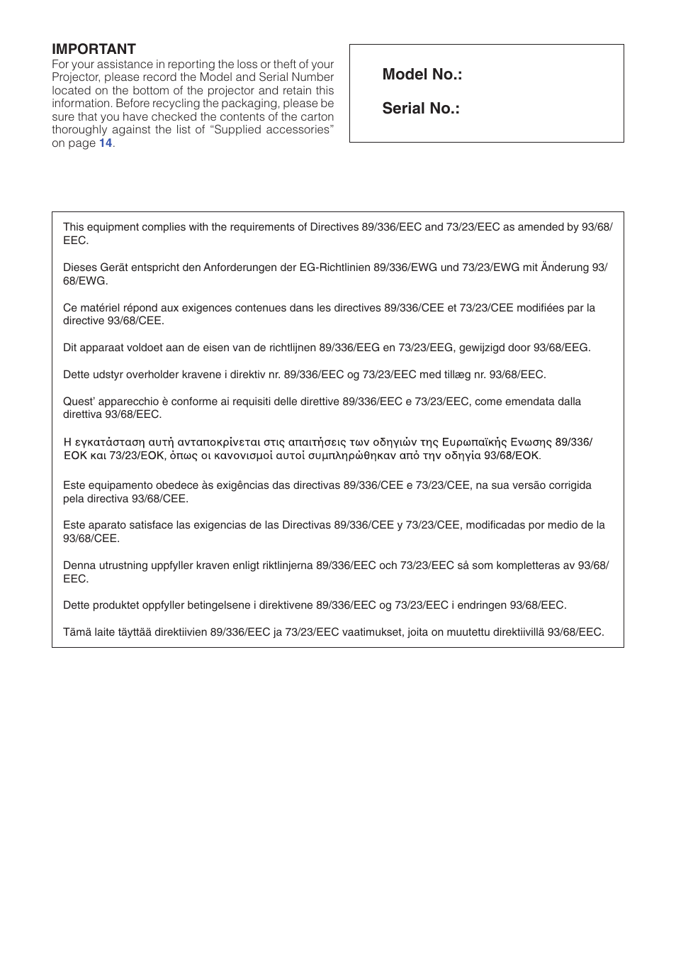 Model no.: serial no, Important | Sharp PG-A10X User Manual | Page 2 / 74