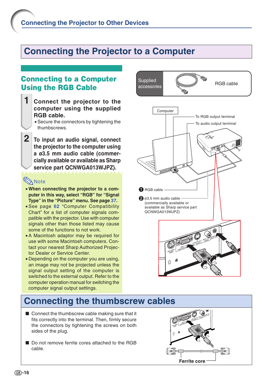 Connecting the projector to a computer, Connecting to a computer using the rgb cable, Connecting the projector to other devices | Sharp PG-A10X User Manual | Page 20 / 74
