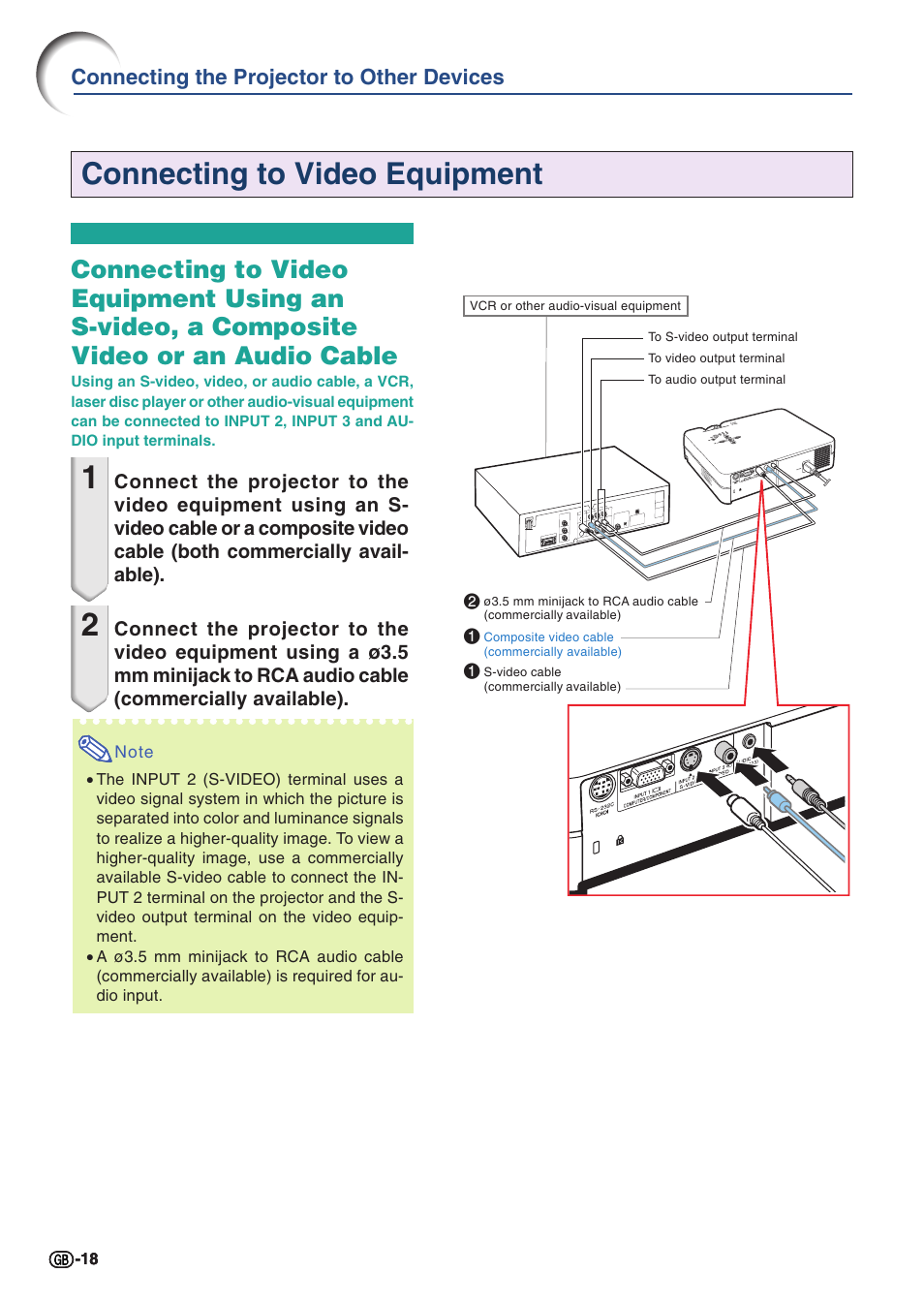 Connecting to video equipment, Connecting the projector to other devices | Sharp PG-A10X User Manual | Page 22 / 74