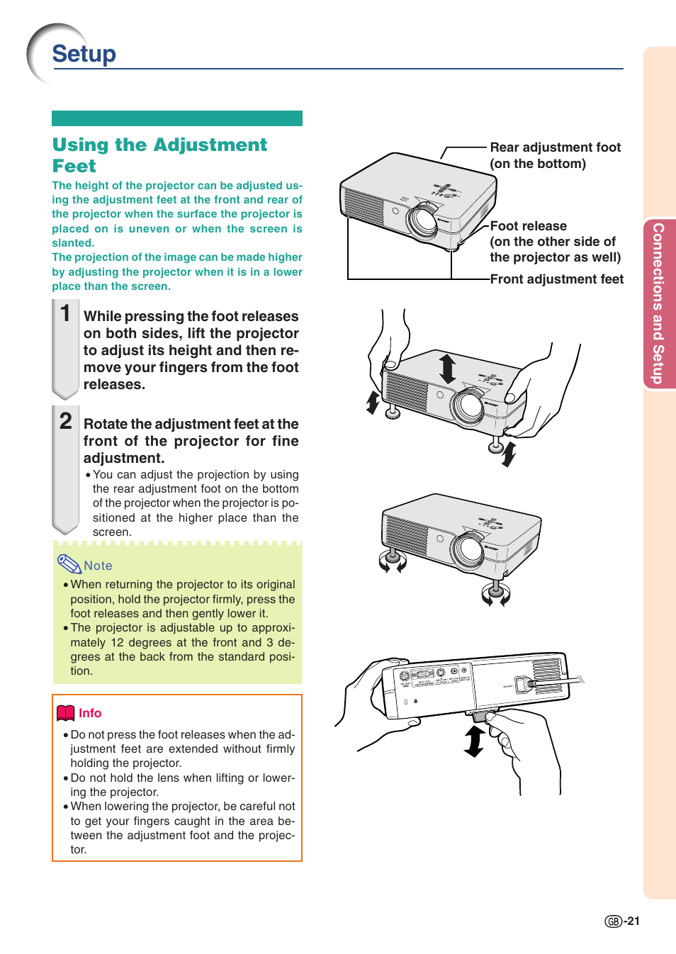 Setup, Using the adjustment feet | Sharp PG-A10X User Manual | Page 25 / 74