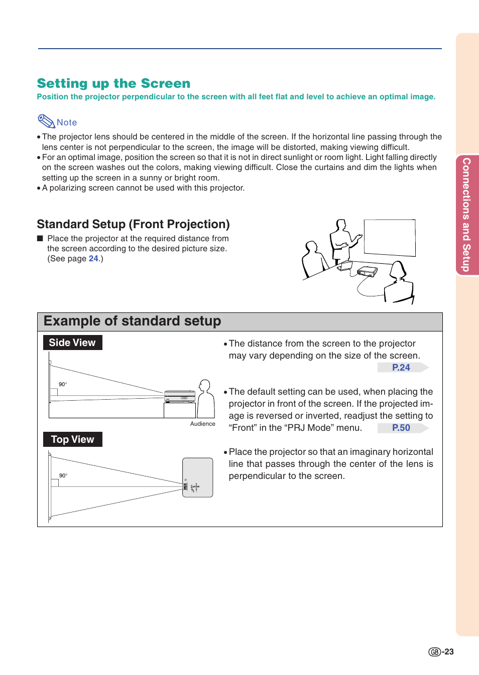 Setting up the screen, Example of standard setup, Standard setup (front projection) | Sharp PG-A10X User Manual | Page 27 / 74