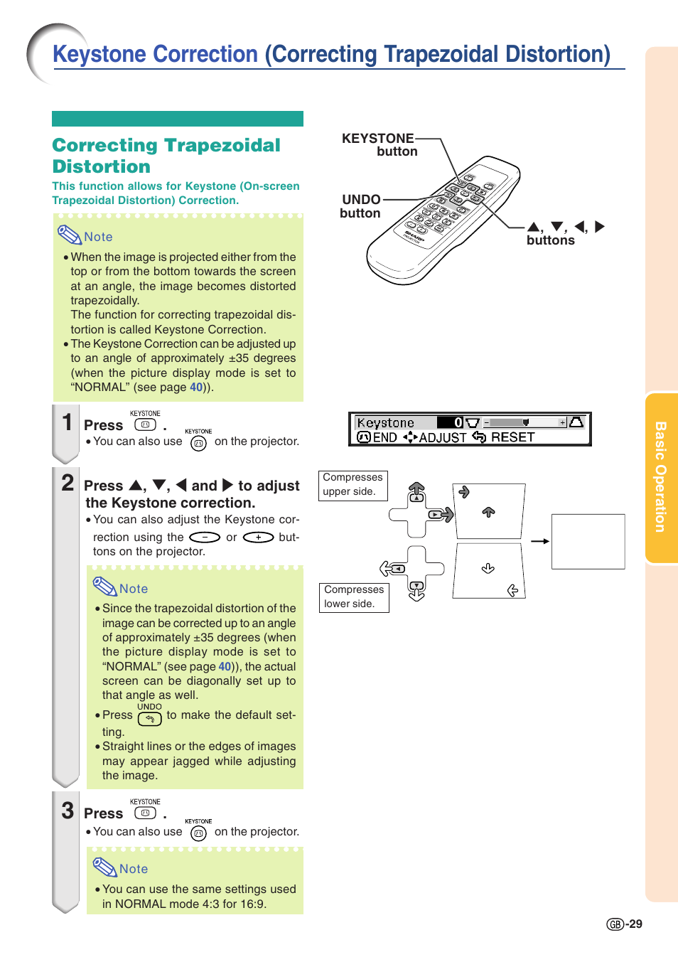 Keystone correction, Correcting trapezoidal distortion), Correcting trapezoidal distortion | Sharp PG-A10X User Manual | Page 33 / 74