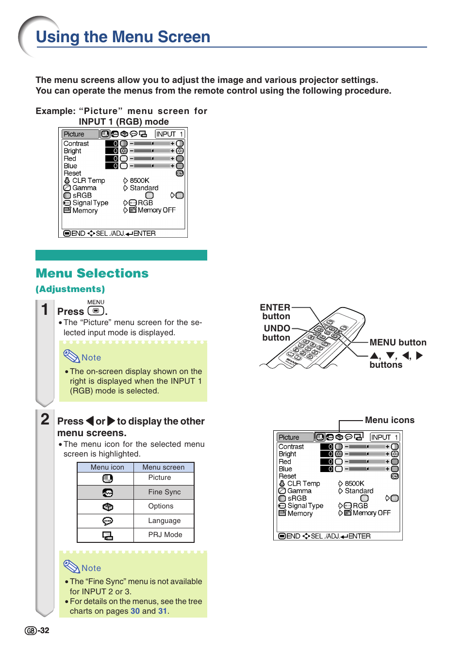 Using the menu screen, Menu selections (adjustments), Menu selections | Sharp PG-A10X User Manual | Page 36 / 74