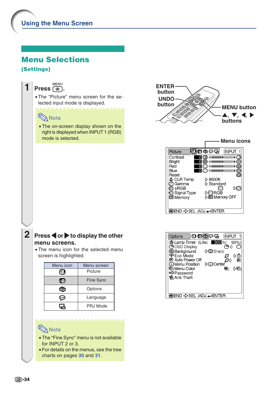Menu selections (settings), Menu selections, Using the menu screen | Sharp PG-A10X User Manual | Page 38 / 74