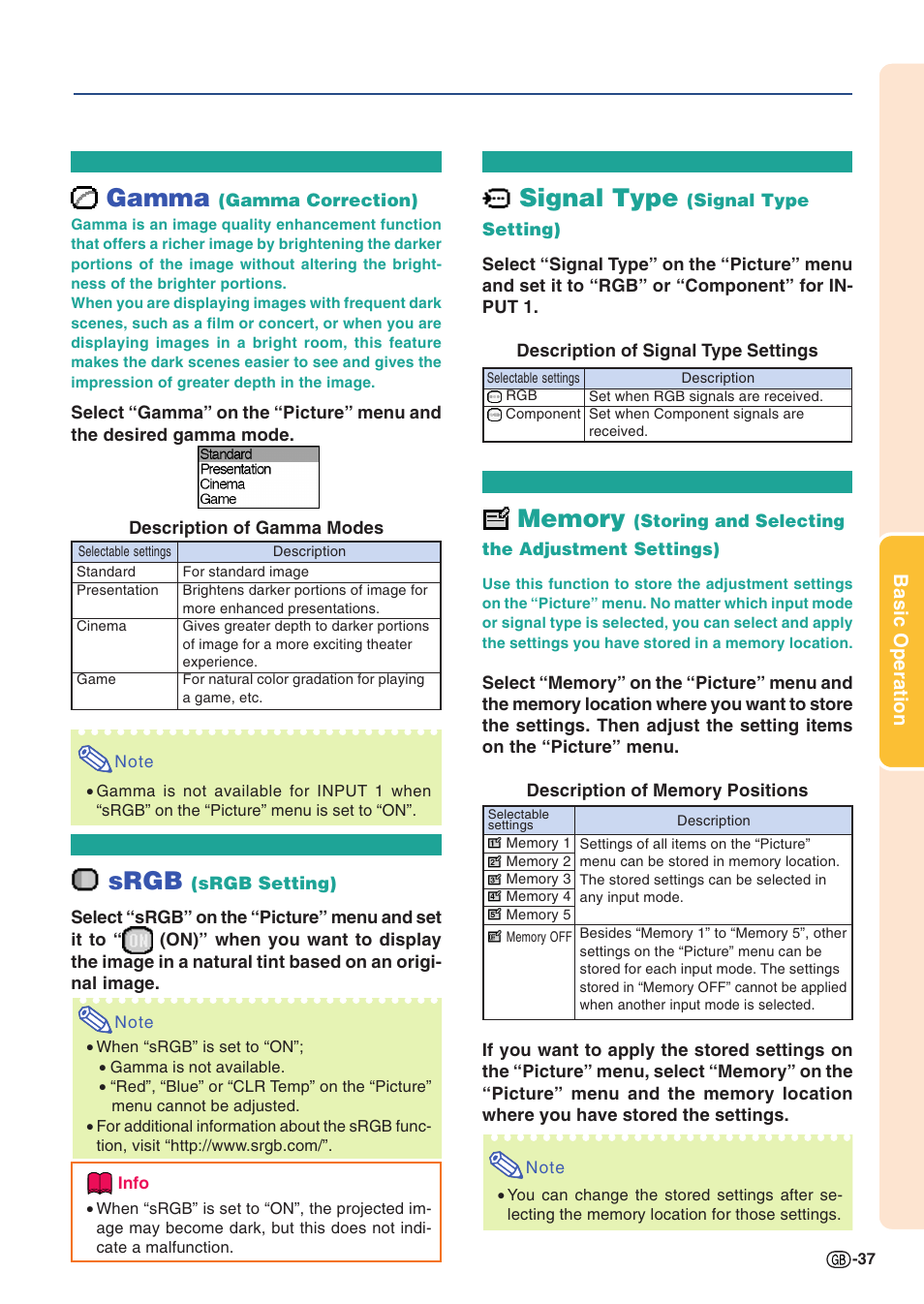 Gamma (gamma correction), Srgb (srgb setting), Signal type (signal type setting) | Gamma, Srgb, Signal type | Sharp PG-A10X User Manual | Page 41 / 74