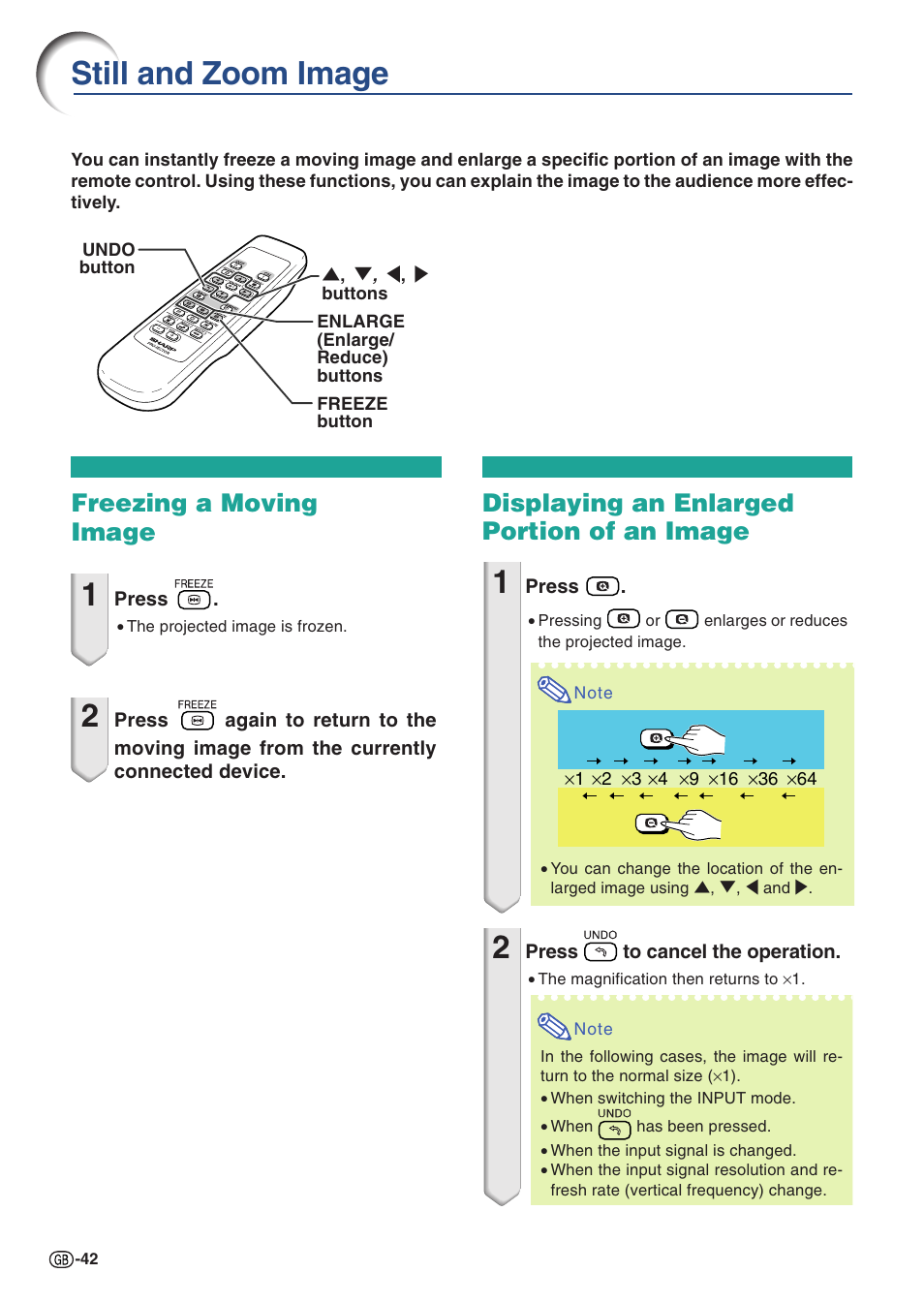 Still and zoom image, Freezing a moving image, Displaying an enlarged portion of an image | E/reduce) | Sharp PG-A10X User Manual | Page 46 / 74