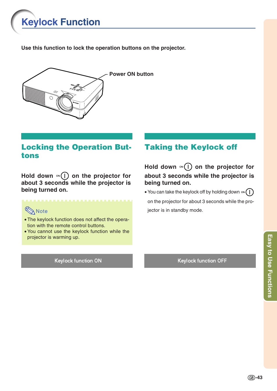 Keylock function, Locking the operation buttons, Taking the keylock off | Locking the operation but- tons | Sharp PG-A10X User Manual | Page 47 / 74