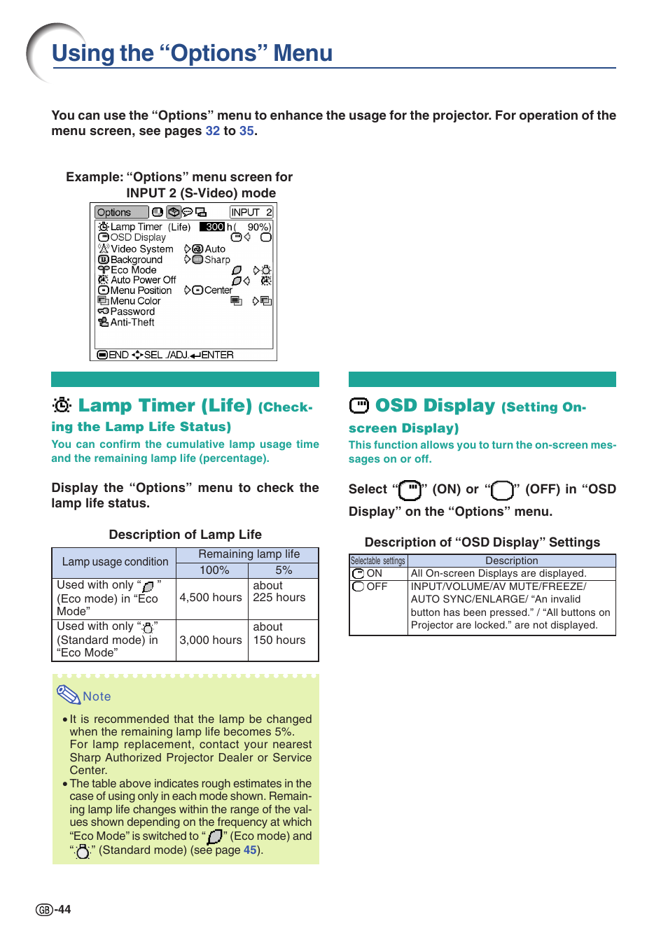 Using the “options” menu, Lamp timer (life) (checking the lamp life status), Osd display (setting on-screen display) | Lamp timer (life), Osd display | Sharp PG-A10X User Manual | Page 48 / 74