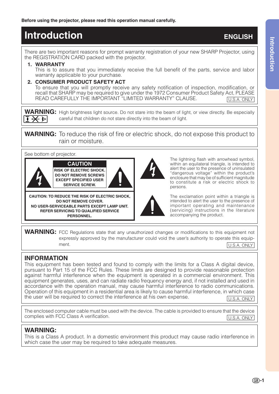 Introduction, English, Warning | Information | Sharp PG-A10X User Manual | Page 5 / 74