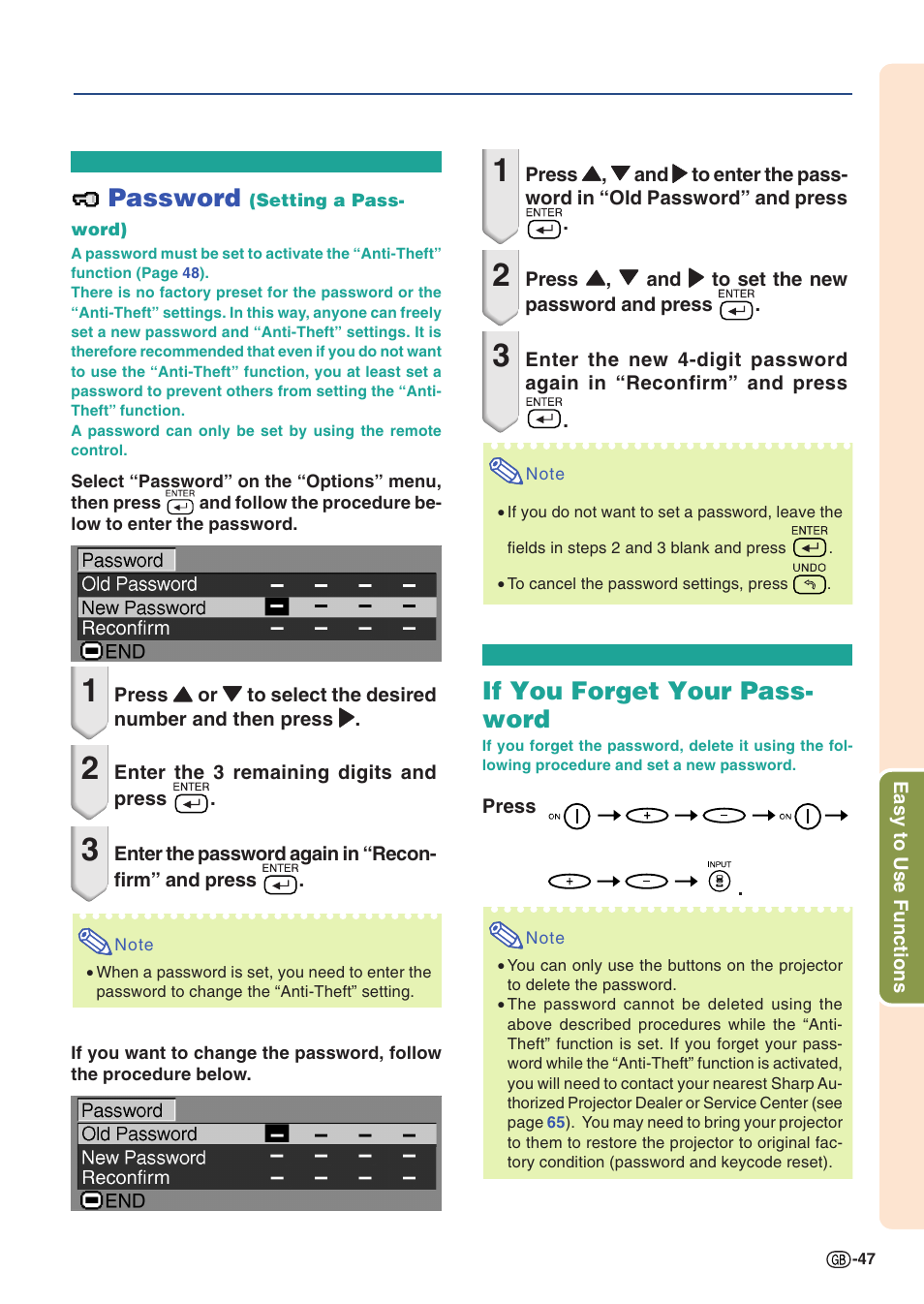 Password (setting a password), If you forget your password, Password | If you forget your pass- word | Sharp PG-A10X User Manual | Page 51 / 74