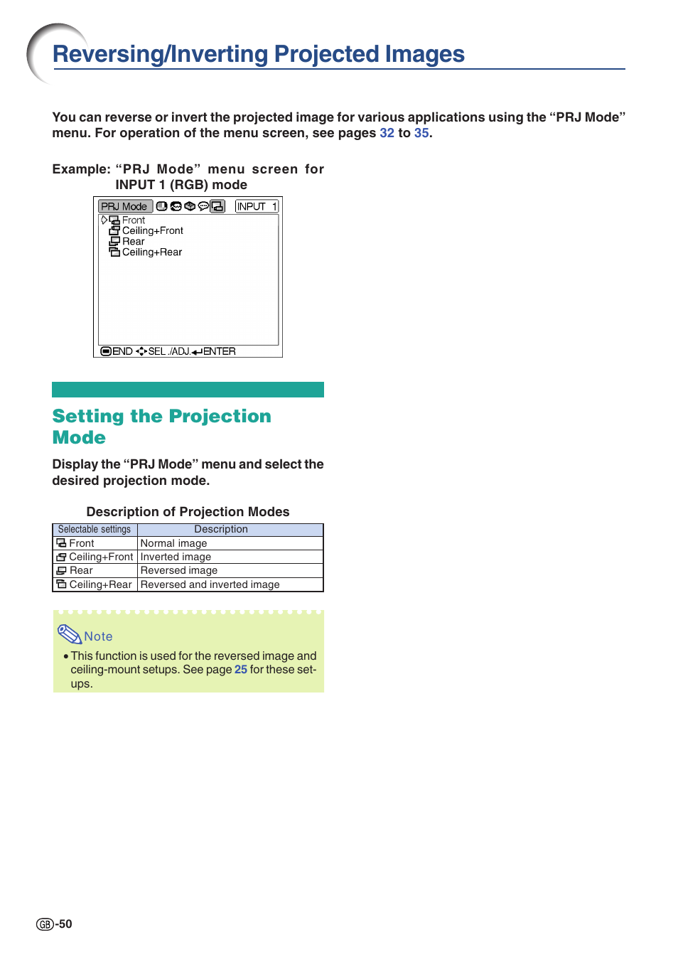 Reversing/inverting projected images, Setting the projection mode, Reversing /inverting projected images | P.50, For use of this function, For use of this | Sharp PG-A10X User Manual | Page 54 / 74