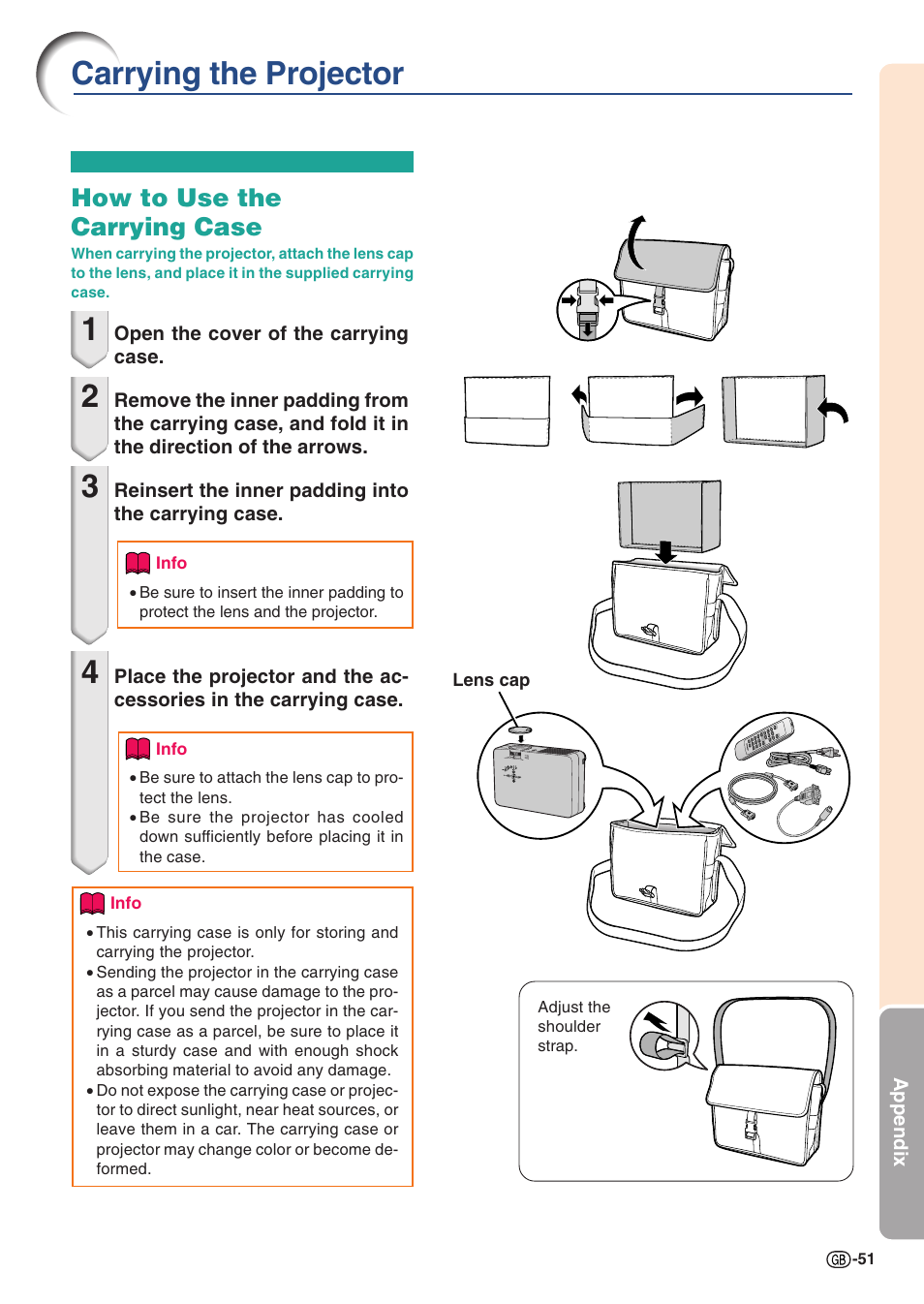 Appendix, Carrying the projector, How to use the carrying case | Sharp PG-A10X User Manual | Page 55 / 74