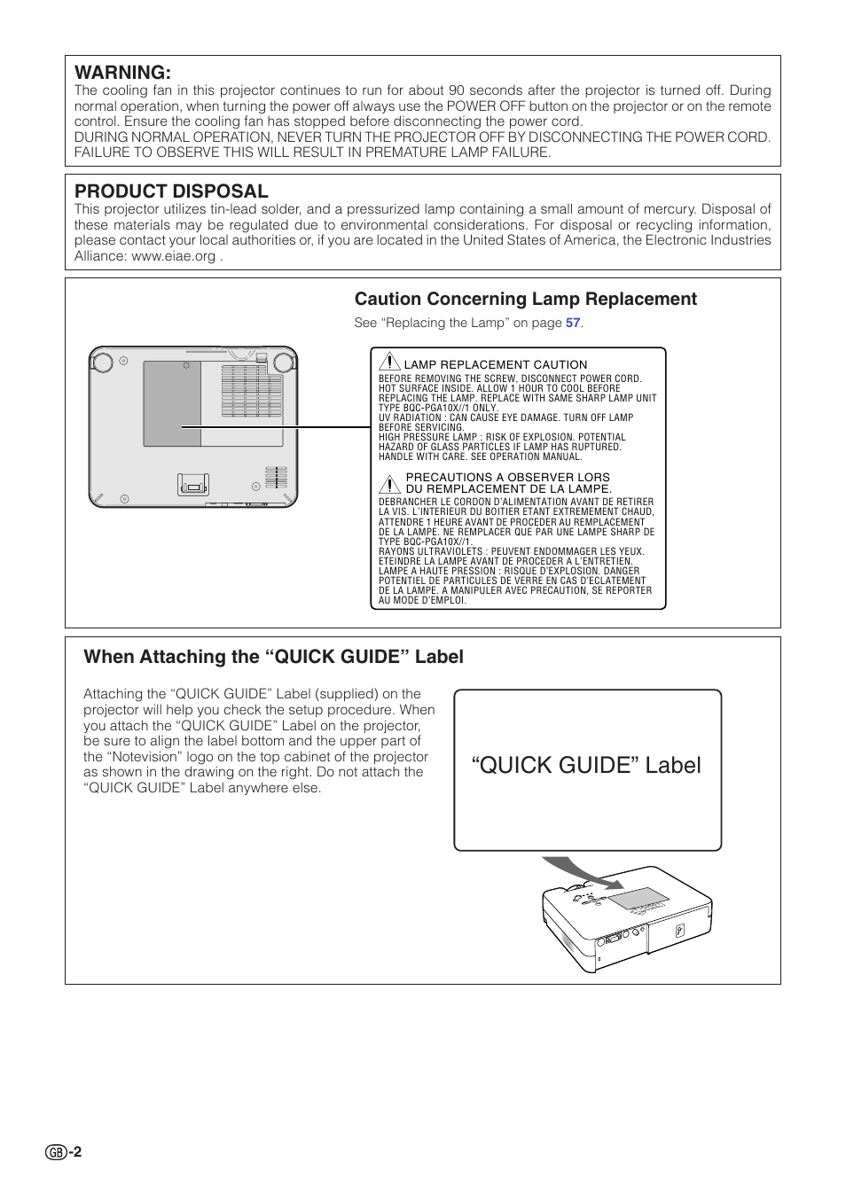 Quick guide” label, Warning, Product disposal | When attaching the “quick guide” label, Caution concerning lamp replacement | Sharp PG-A10X User Manual | Page 6 / 74