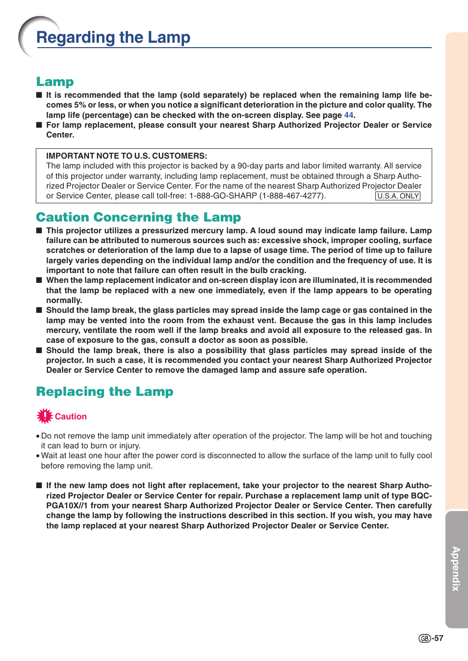 Regarding the lamp, Lamp, Caution concerning the lamp | Replacing the lamp | Sharp PG-A10X User Manual | Page 61 / 74