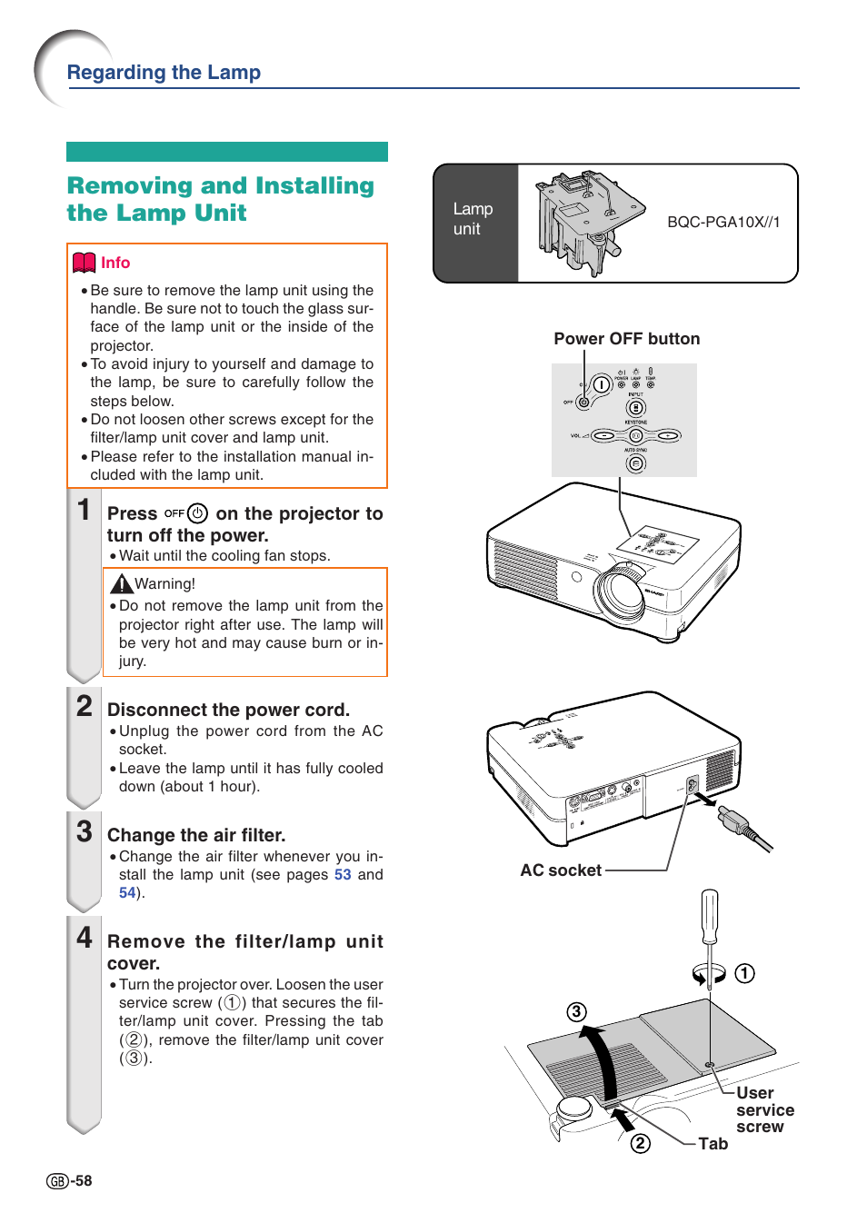 Removing and installing the lamp unit | Sharp PG-A10X User Manual | Page 62 / 74