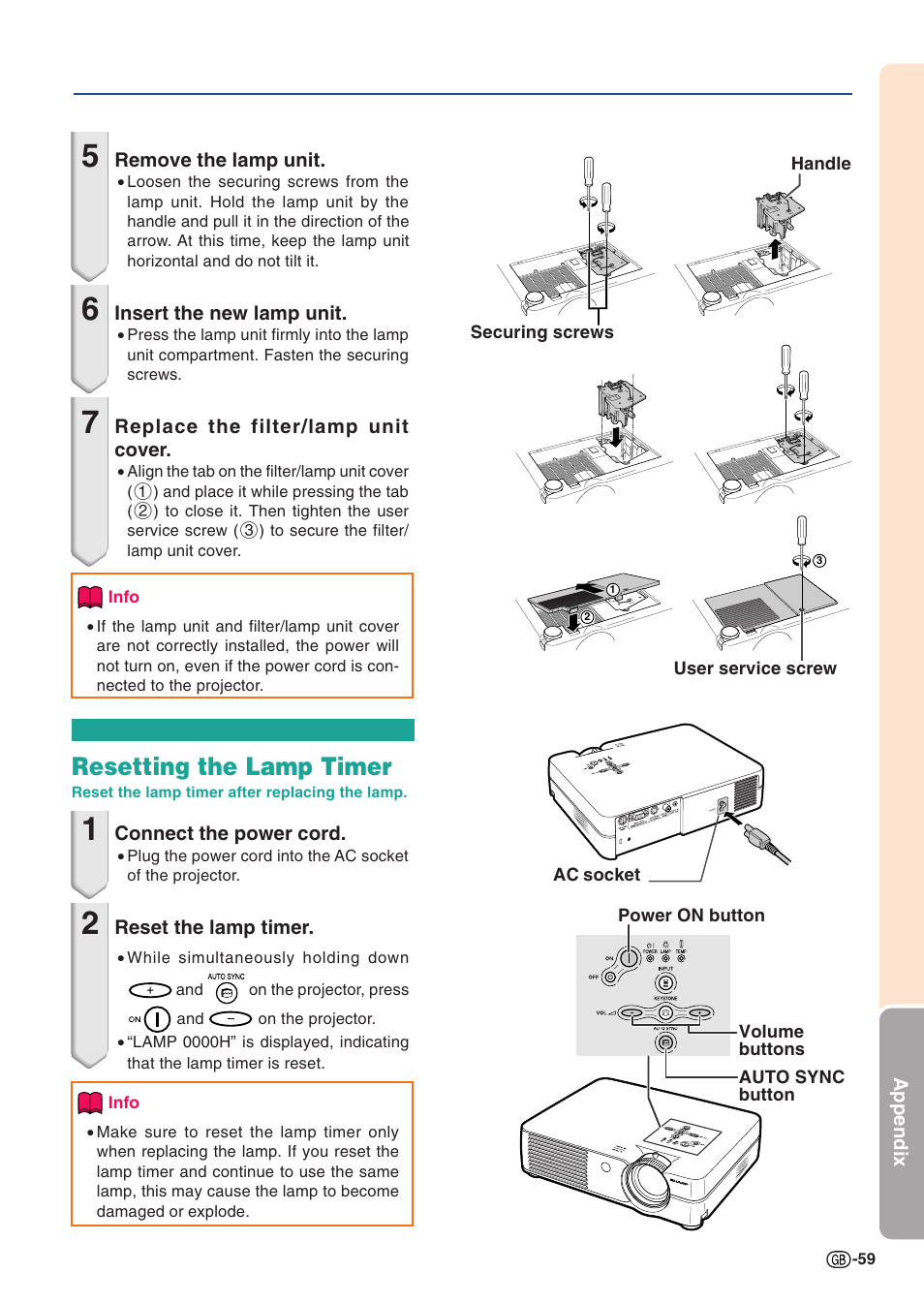 Resetting the lamp timer | Sharp PG-A10X User Manual | Page 63 / 74