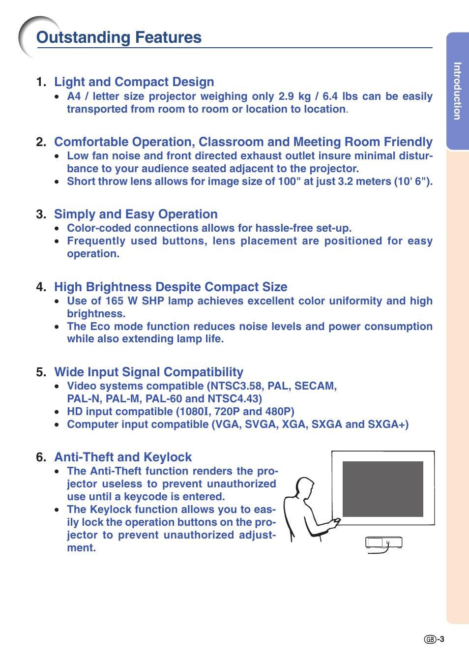 Outstanding features | Sharp PG-A10X User Manual | Page 7 / 74