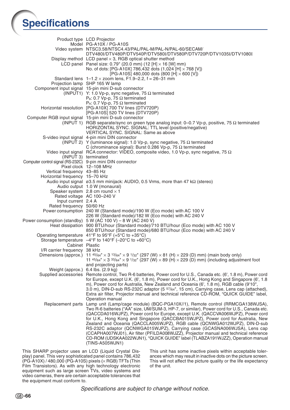 Specifications | Sharp PG-A10X User Manual | Page 70 / 74