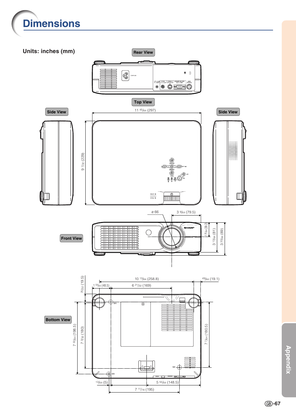 Dimensions, Appendix, Units: inches (mm) | Sharp PG-A10X User Manual | Page 71 / 74