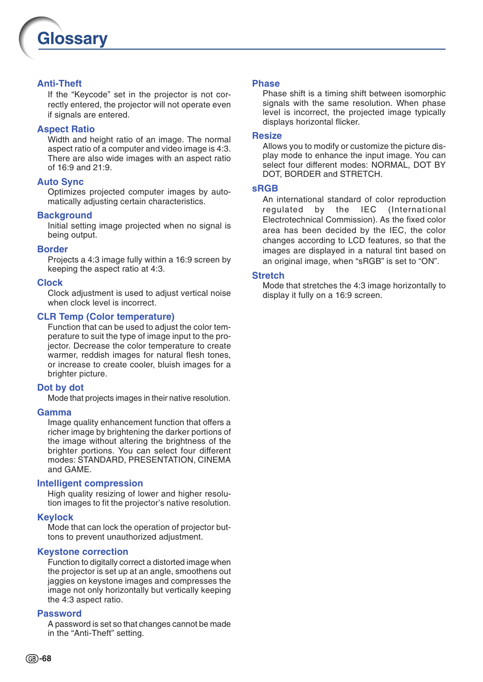 Glossary, Keystone correction, Correcting t | Clr temp, Gamma, Srgb, Clock phase, Resize, Stretch, Dot by dot | Sharp PG-A10X User Manual | Page 72 / 74