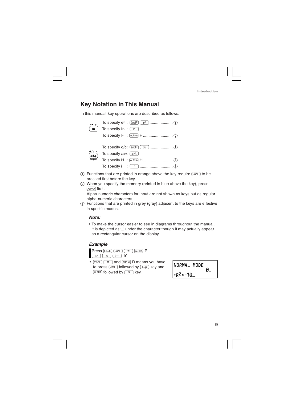 Key notation in this manual, Normal mode 0. πrœ˚–10 | Sharp EL-5230 User Manual | Page 11 / 132