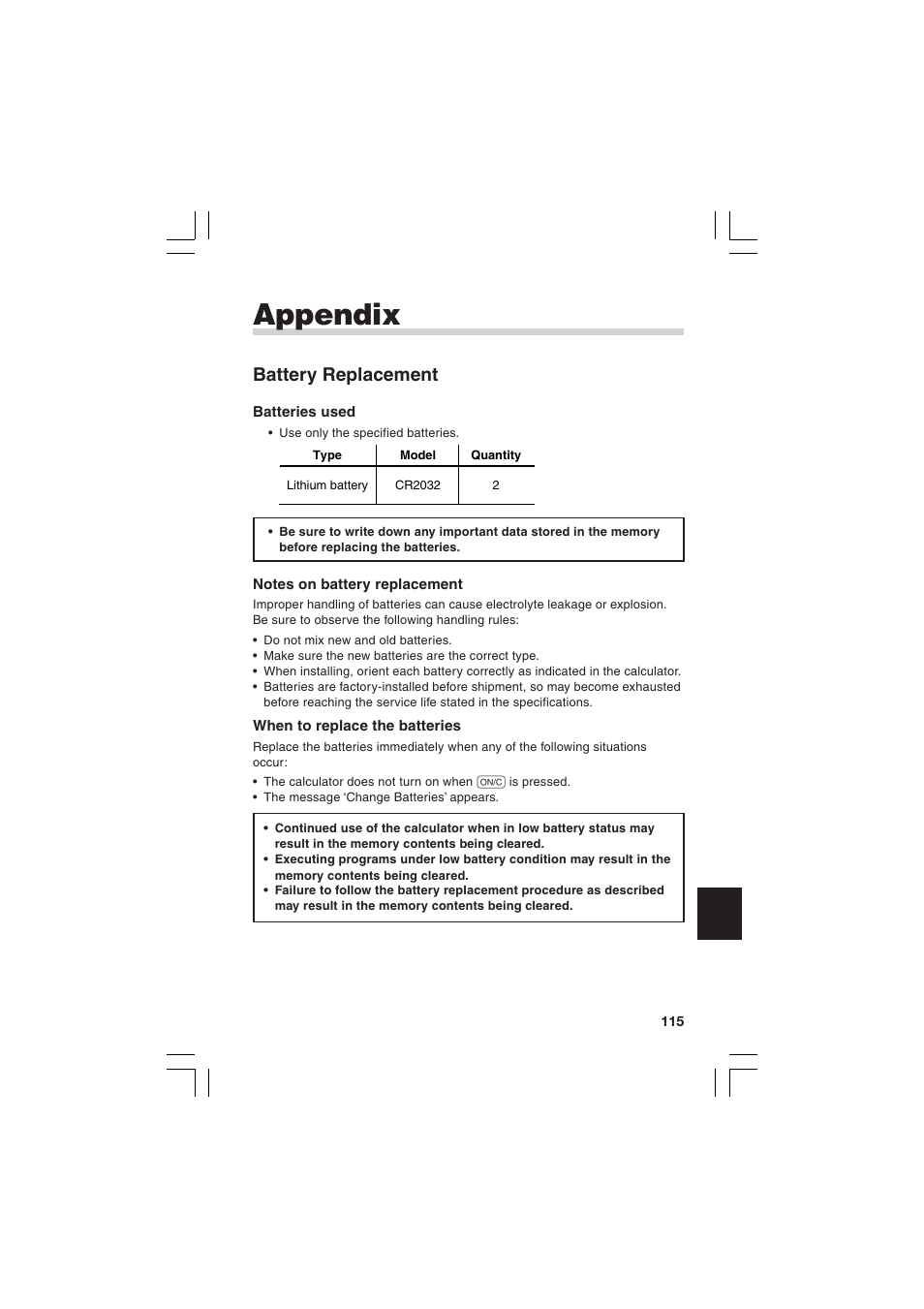 Appendix, Battery replacement | Sharp EL-5230 User Manual | Page 117 / 132