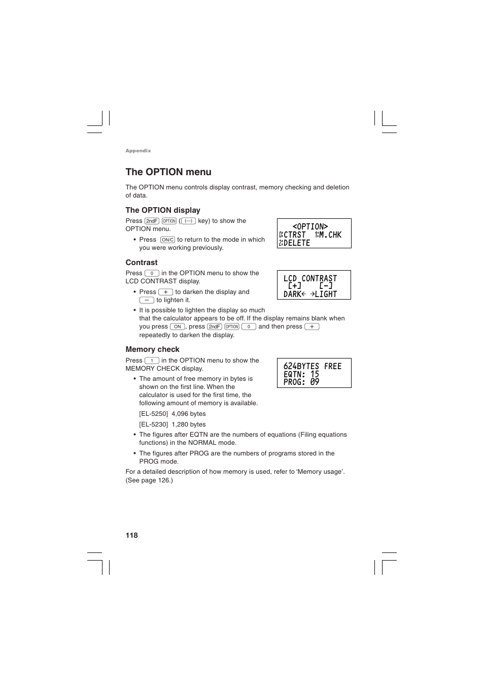 The option menu | Sharp EL-5230 User Manual | Page 120 / 132