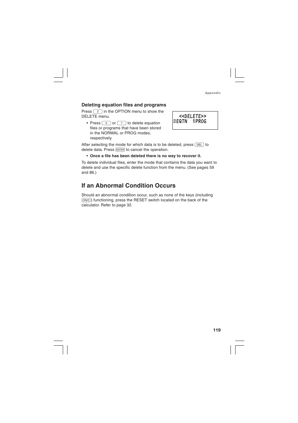 If an abnormal condition occurs, Delete>> ƒeqtn ⁄prog | Sharp EL-5230 User Manual | Page 121 / 132