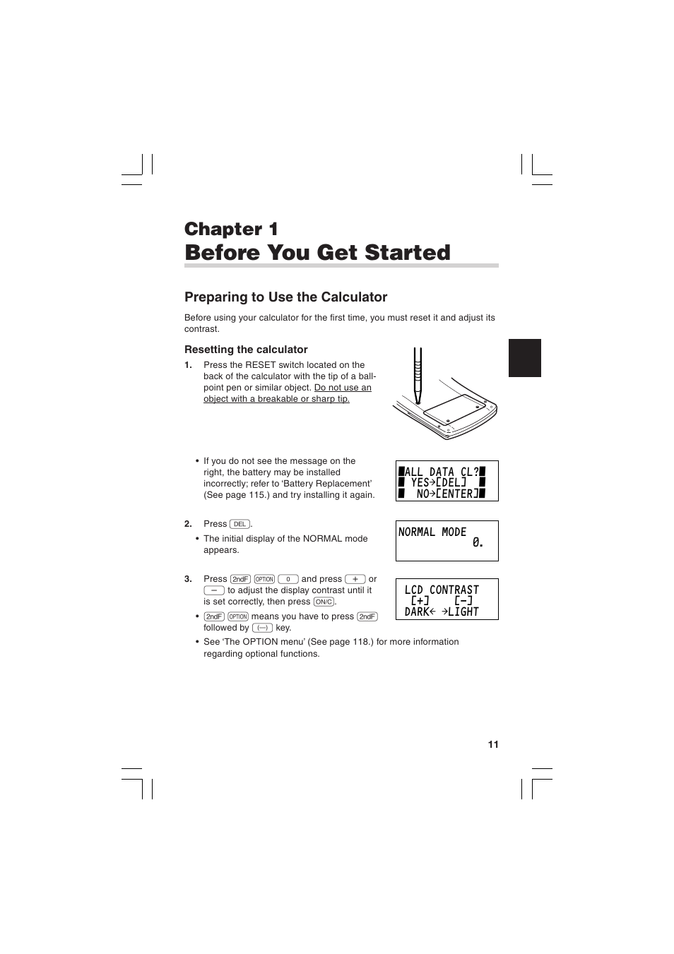 Before you get started, Chapter 1, Preparing to use the calculator | Sharp EL-5230 User Manual | Page 13 / 132