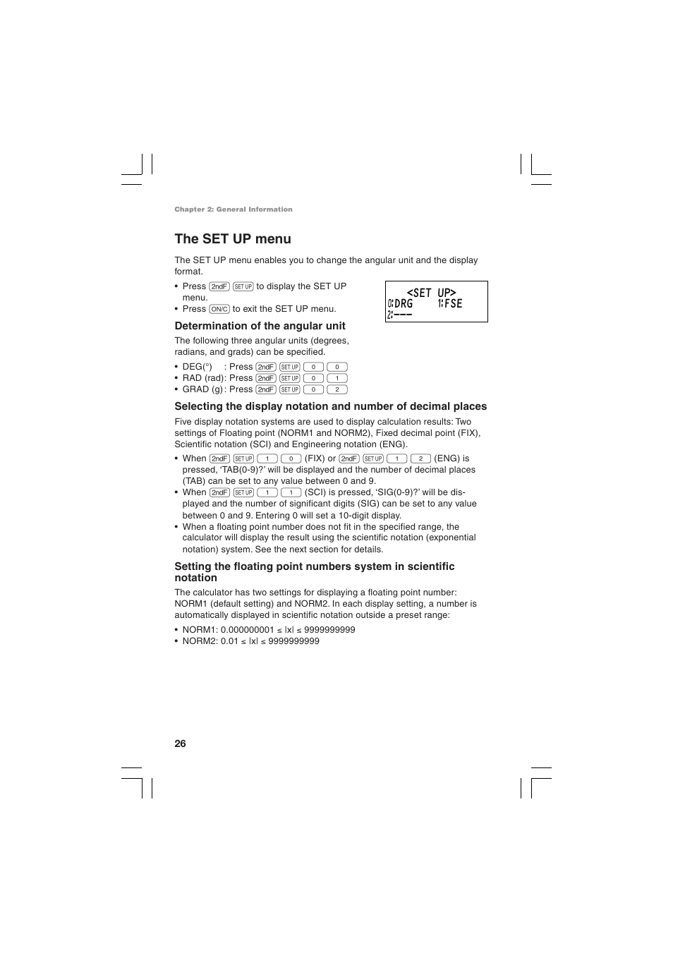 The set up menu, Set up> ƒdrg ⁄fse | Sharp EL-5230 User Manual | Page 28 / 132