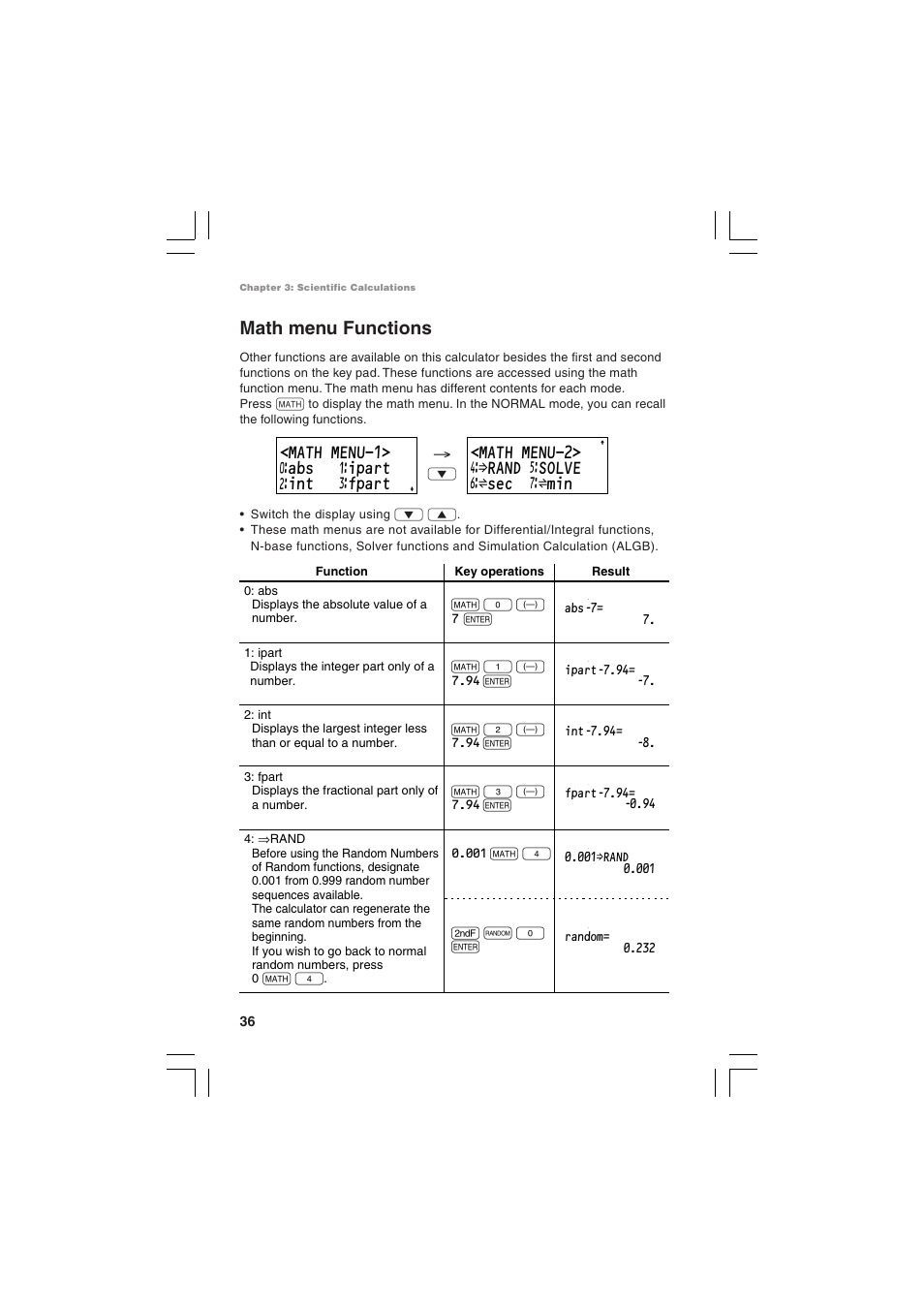 Math menu functions | Sharp EL-5230 User Manual | Page 38 / 132