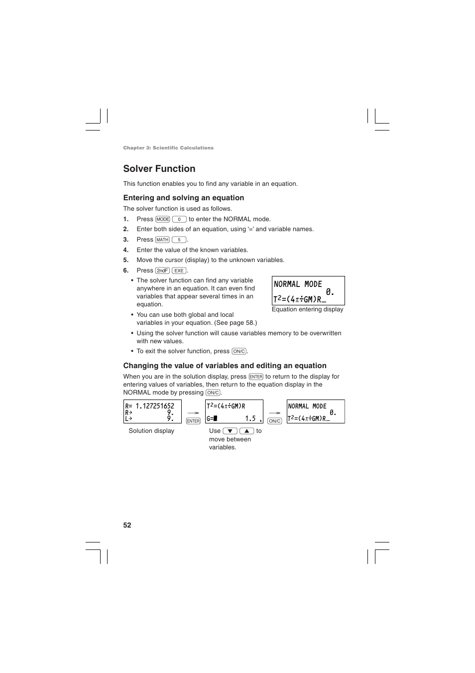 Solver function, Normal mode 0. tœ=(4π©gm)r | Sharp EL-5230 User Manual | Page 54 / 132