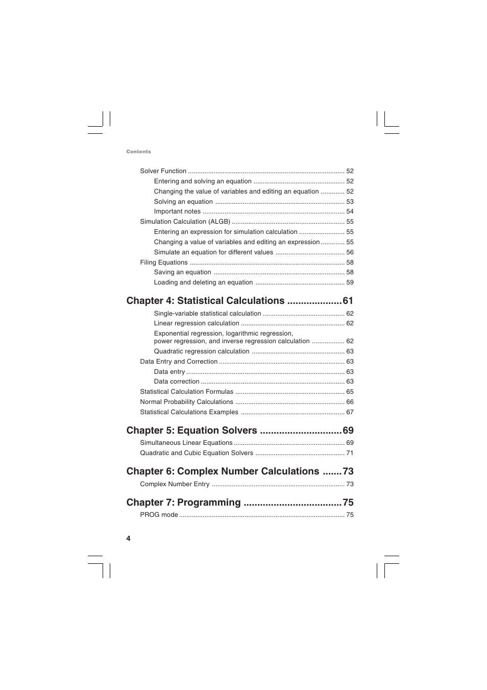 Chapter 4: statistical calculations, Chapter 5: equation solvers, Chapter 6: complex number calculations | Chapter 7: programming | Sharp EL-5230 User Manual | Page 6 / 132