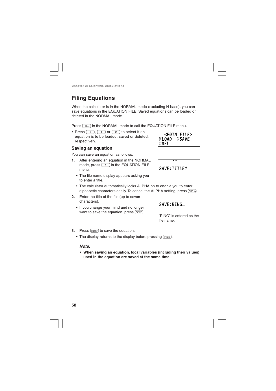 Filing equations, Eqtn file> ƒload ⁄save ¤del save:title? save:ring | Sharp EL-5230 User Manual | Page 60 / 132