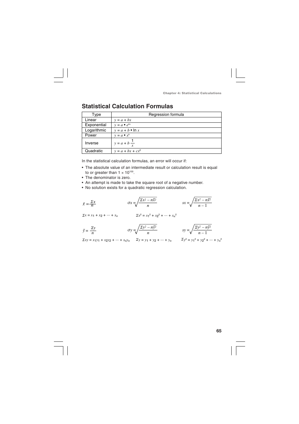 Statistical calculation formulas | Sharp EL-5230 User Manual | Page 67 / 132