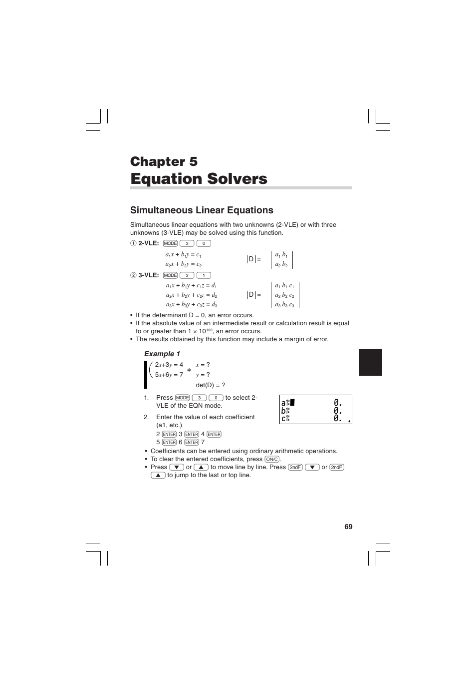 Equation solvers, Chapter 5, Simultaneous linear equations | A⁄z 0. b⁄ 0. c⁄ 0 | Sharp EL-5230 User Manual | Page 71 / 132