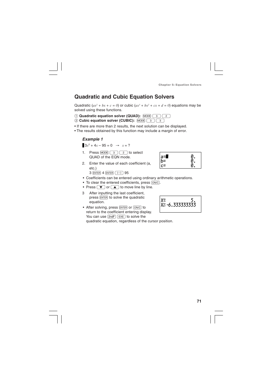 Quadratic and cubic equation solvers | Sharp EL-5230 User Manual | Page 73 / 132