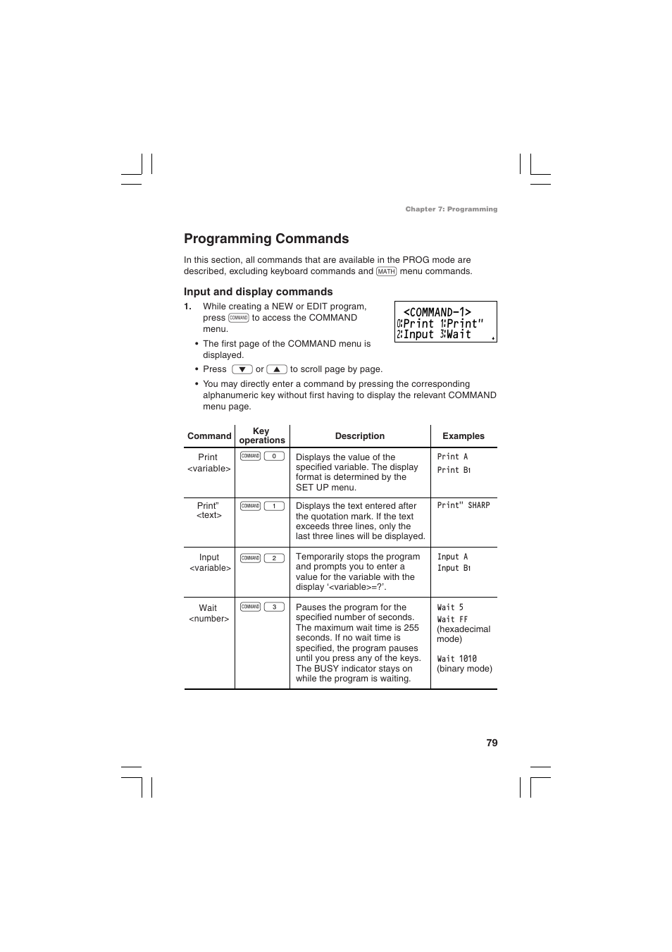 Programming commands, Command-1> ƒprint ⁄print" ¤input ‹wait | Sharp EL-5230 User Manual | Page 81 / 132