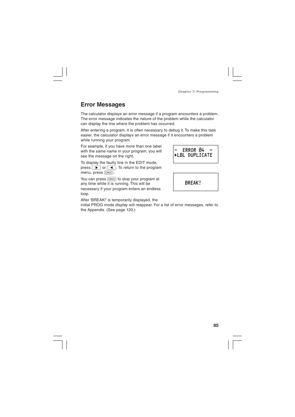 Error messages, Error 04 - lbl duplicate break | Sharp EL-5230 User Manual | Page 87 / 132