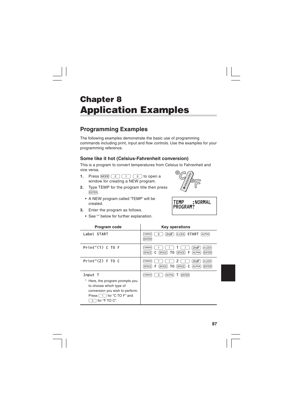 Application examples, Chapter 8, Programming examples | Temp :normal program | Sharp EL-5230 User Manual | Page 89 / 132