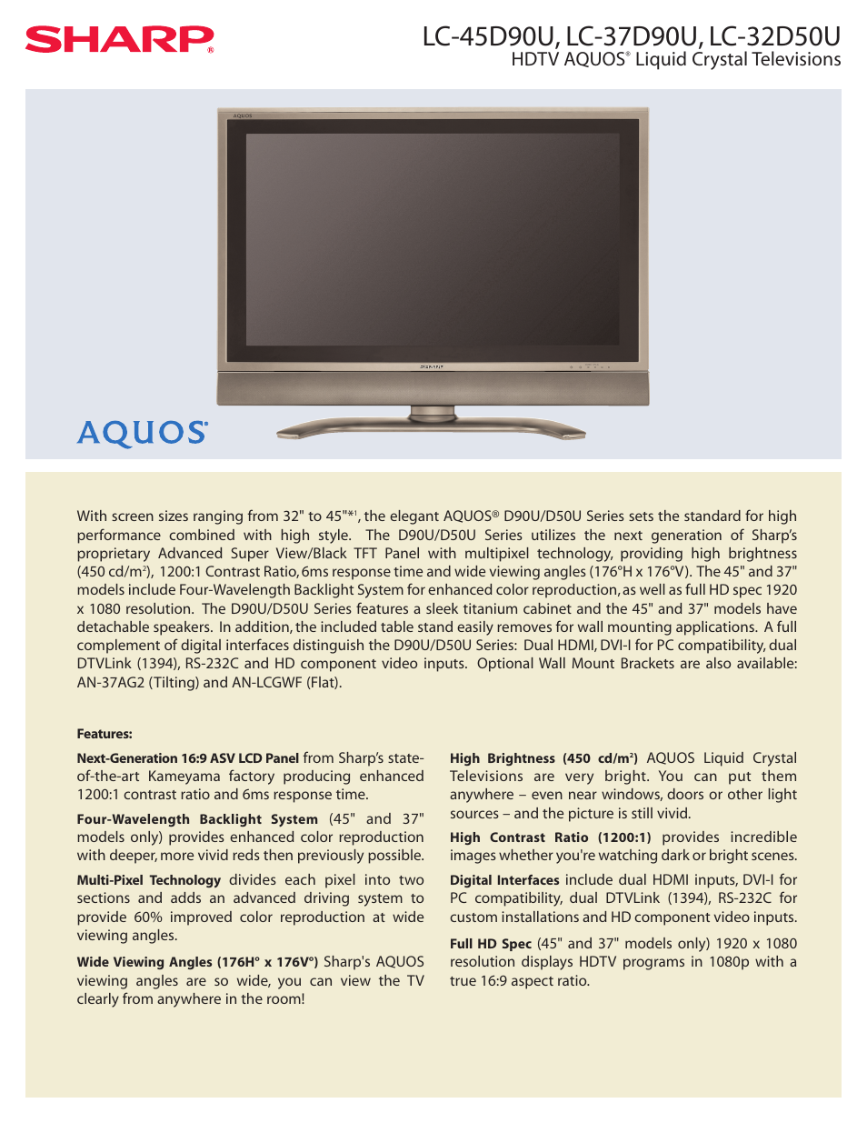 Sharp Aquos LC 32D50U User Manual | 2 pages