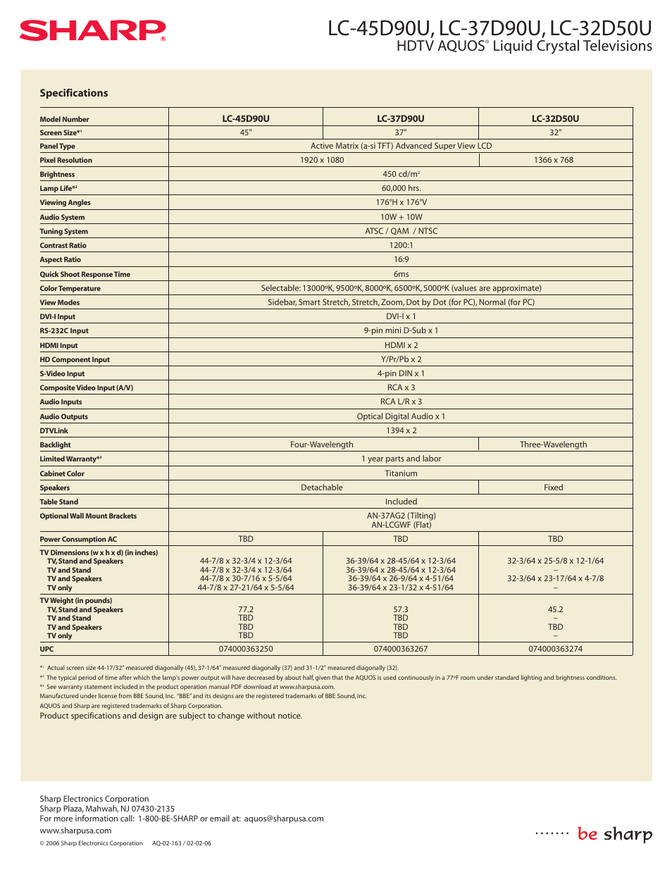 Hdtv aquos, Liquid crystal televisions, Specifications | Sharp Aquos LC 32D50U User Manual | Page 2 / 2
