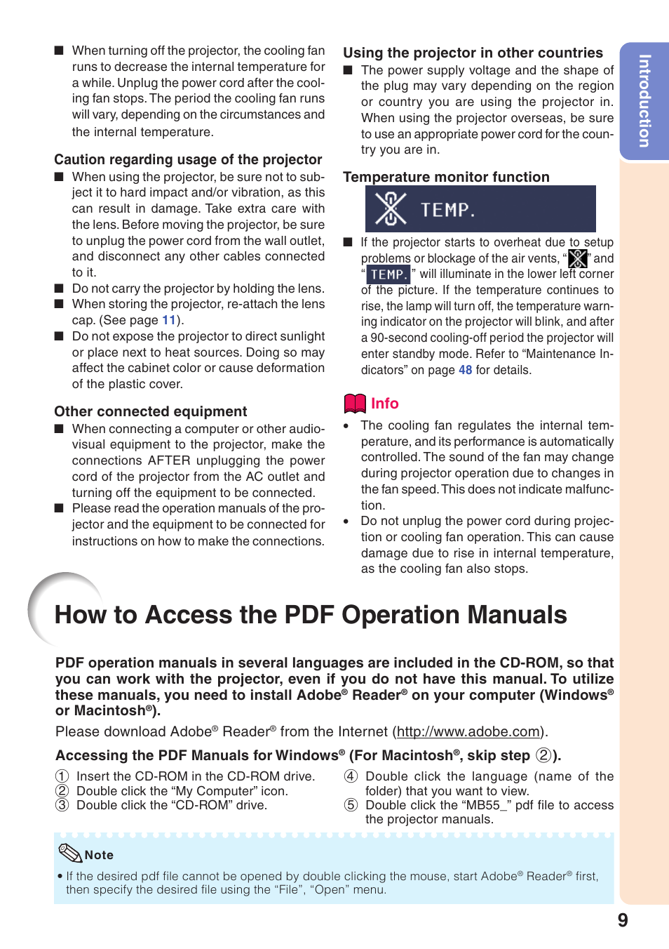 How to access the pdf operation manuals, How to access the pdf operation, Manuals | Intr oduction | Sharp XG-MB55X User Manual | Page 13 / 68